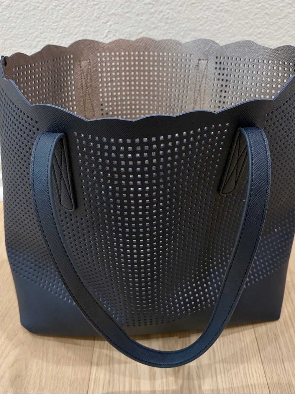 Neiman Marcus Navy Perforated Scallop-Top Tote